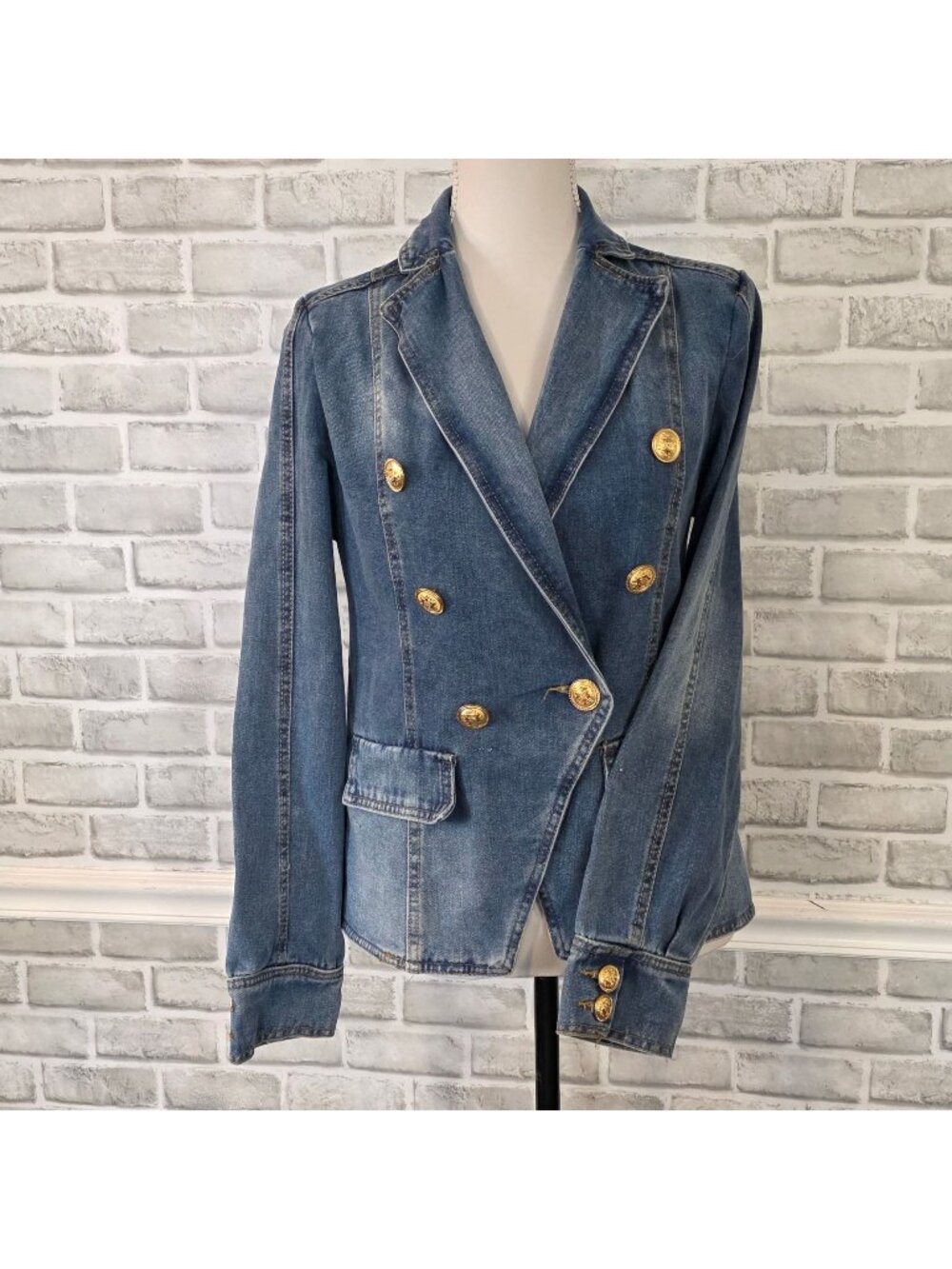 Dictionary Balmain Style Gold Button Double Breasted Denim Dark Academia M